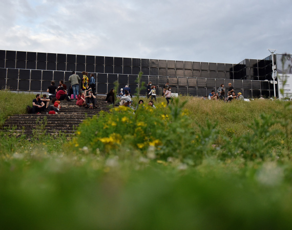 Vue en contre-plongée, depuis la prairie, du Musée d'art moderne et contemporain