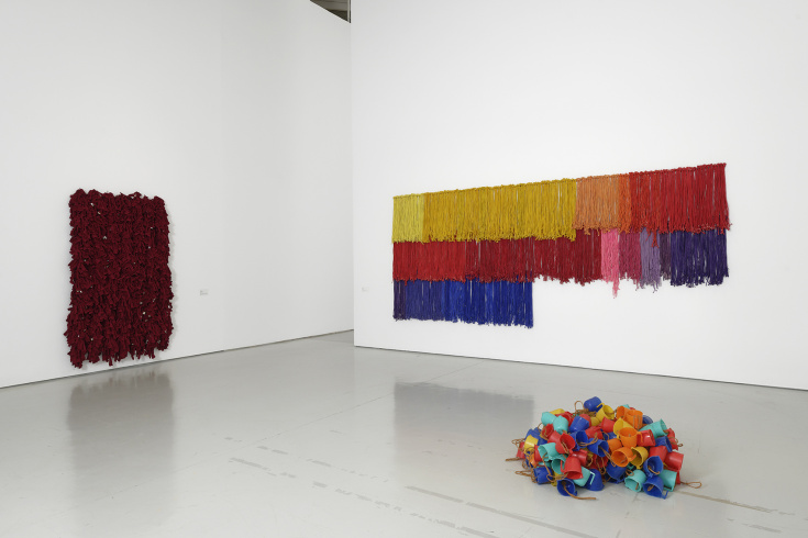 Ausstellungsansicht. An der Wand, von links nach rechts: "Towel 2", 2013. "Colors", 2016. Auf dem Boden: "Plastic cups and coir", 1999