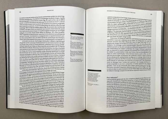 Double page 128-129, essai d'Alexandre Quoi, "Conceptual art & Narrative art. Trois donations pour un fonds unique"