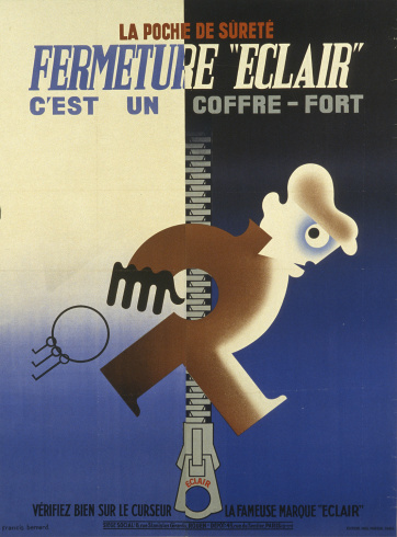 Francis Bernard, Publicité pour la Fermeture "Éclair", la poche de sûreté, vers 1935. Lithographie en couleur, 150 x 120 cm.