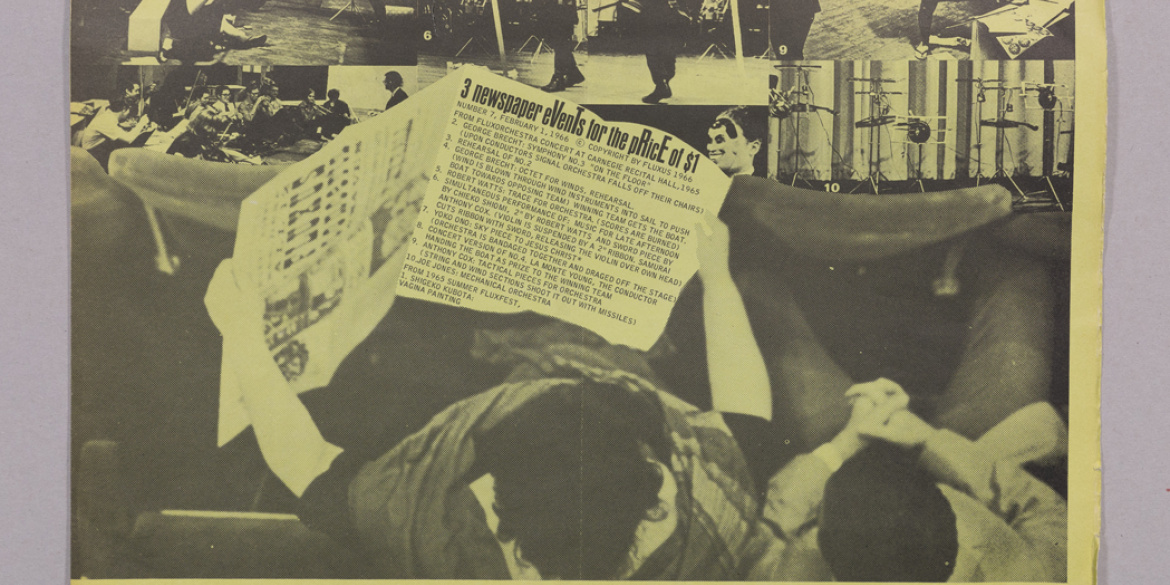 Page d'un journal avec, dessus, un collage de personnes