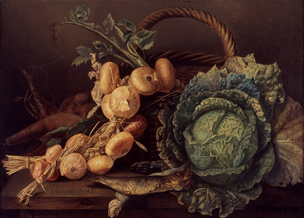 Jean Champier, "Nature morte aux oignons", 1842, nature morte, huile sur toile, 52,5 x 70 cm
