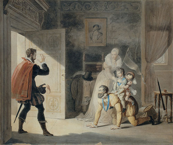 Jean-Baptiste Chometon, "Henri IV jouant avec ses enfants", XIXe siècle, aquarelle, 44,8 x 53 cm