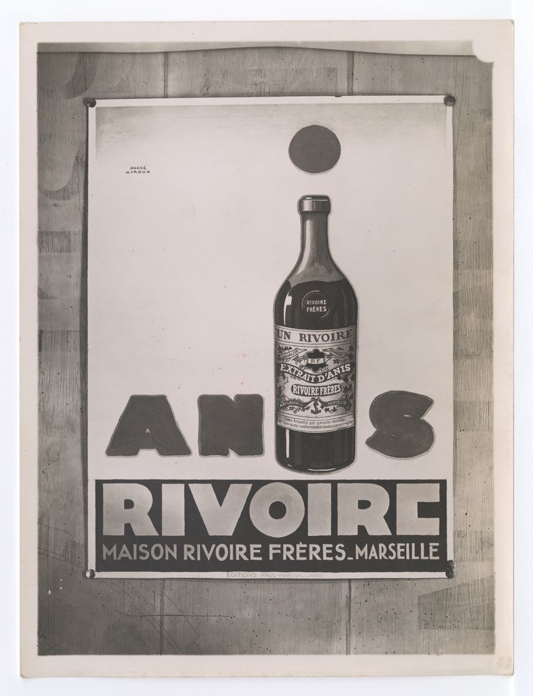 Reproduction de maquette publicitaire d'André Giroux pour la bouteille d'extrait d'anis de la Maison Rivoire Frères, Marseille