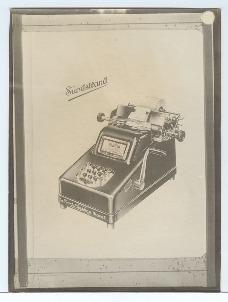 Affiche publicitaire pour Sundstrand, machine à calculer