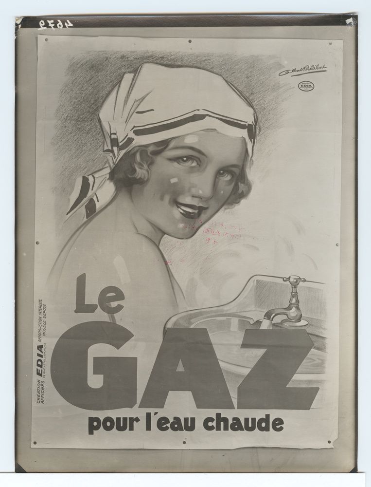 Gilbert Philibert, création affiches EDIA, Le gaz pour l'eau chaude