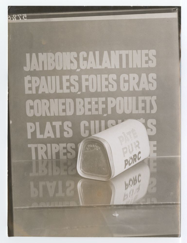 Affiche publicitaire pour une boîte métallique de denrées alimentaires jambons, galantines