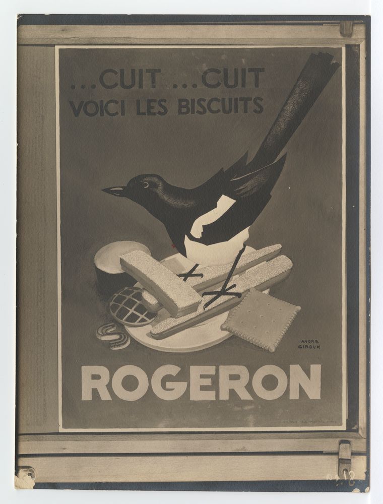 Reproduction de maquette publicitaire d'André Giroux pour les biscuits Rogeron