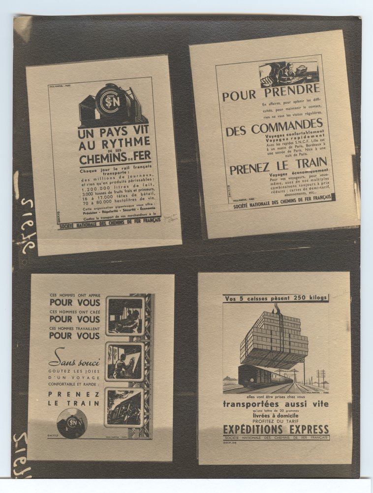 S.N.C.F. Société Nationale des Chemins de Fer Français, Un pays vit au rythme de ses chemins de fer, Pour prendre des commandes prenez le train, Ces hommes ont appris pour vous, Expiditions Express