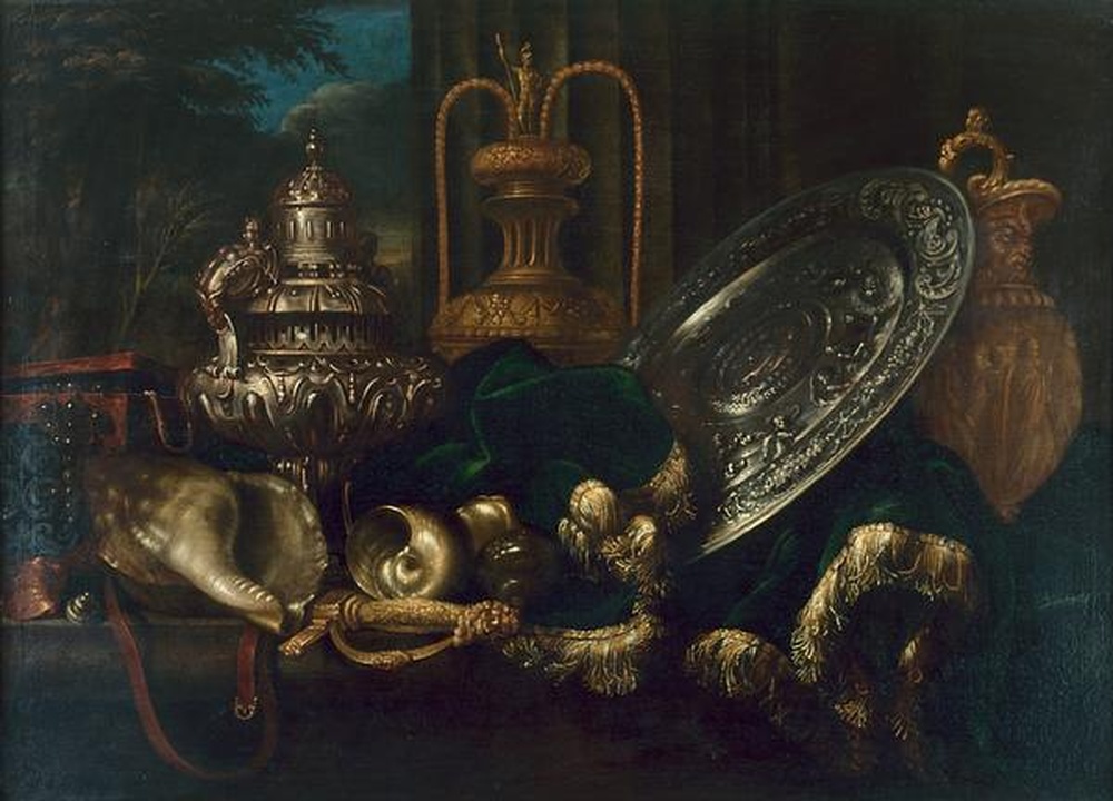 Nature-morte dite Aiguière, brûle-parfum, épée et coquillages