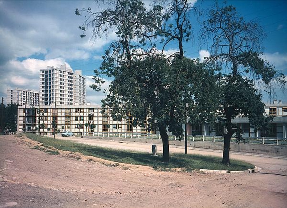 Firminy-vert : square des Noyers et rue des Blancs Bouleaux, à l'arrière plan, la tour Sive (André Sive) et le Grand H