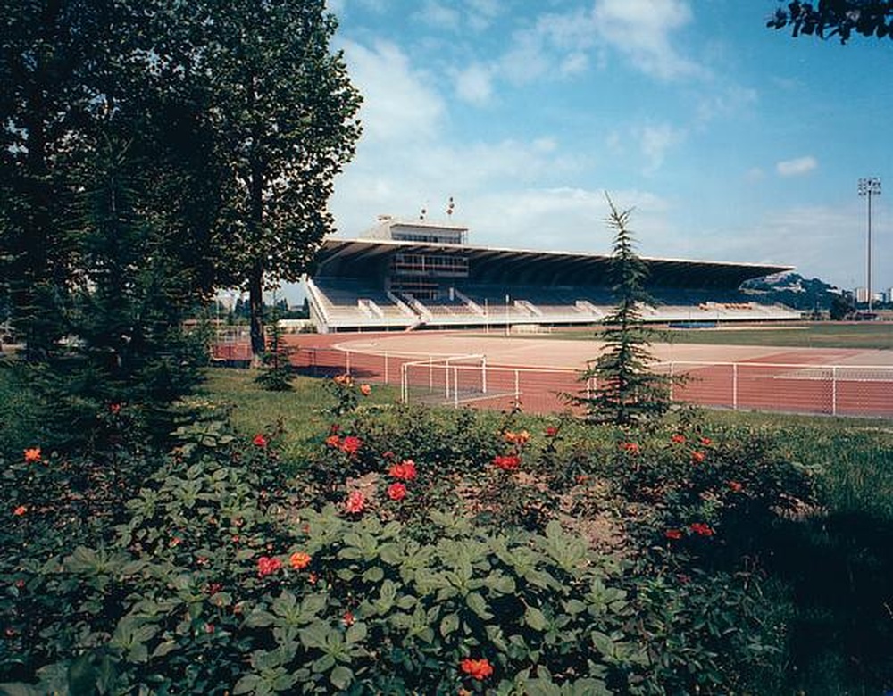 Saint-Etienne : parc des Sports l'Etivallière, vue partielle du stade et des gradins Henri Lux