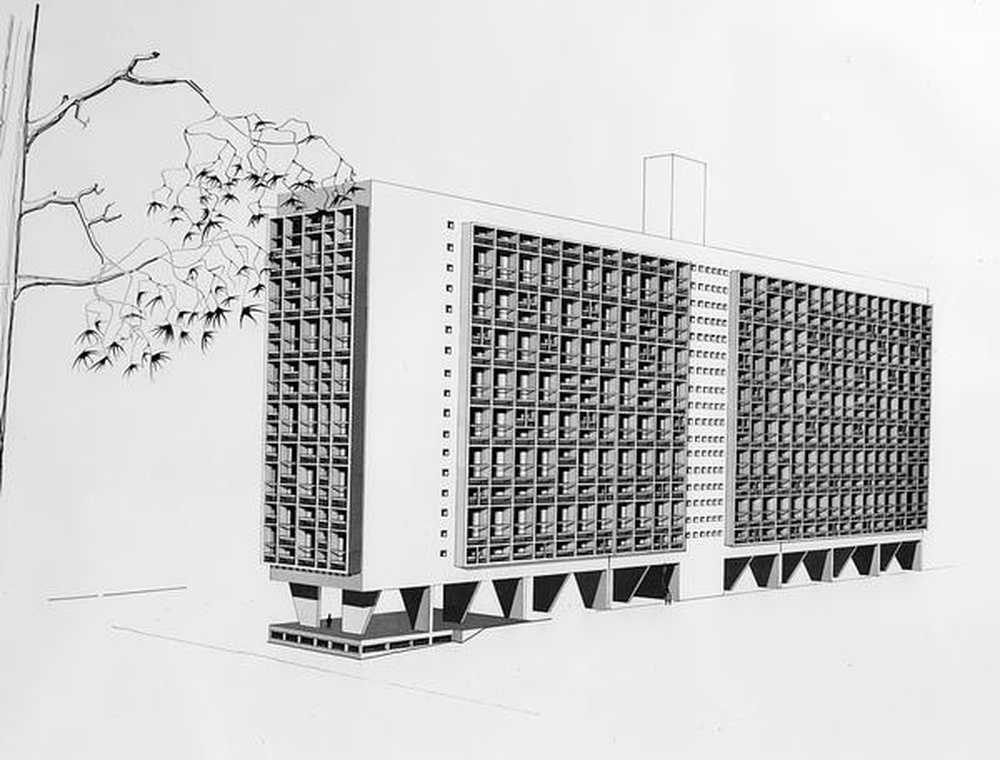 Firminy-vert : unité d'habitation Le Corbusier, dessin de l'élévation est et du pignon sud