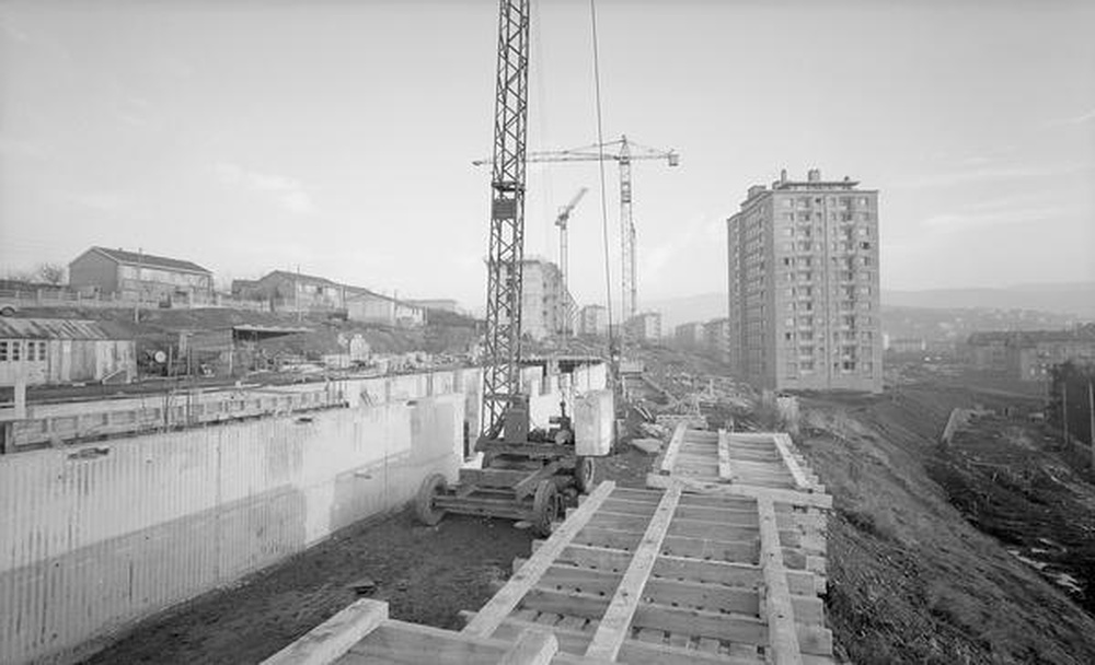 Saint-Etienne : Montplaisir, rue de Narvick, tours en construction entourées de maisons individuelles