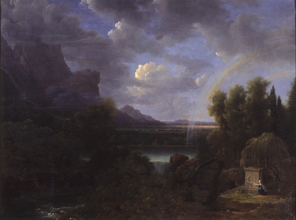 Paysage de rivière, chute d'eau et tombeau