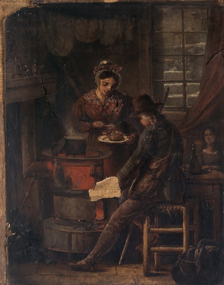 Scène d'intérieur (chasseur près d'un poêle avec femme et fillette)