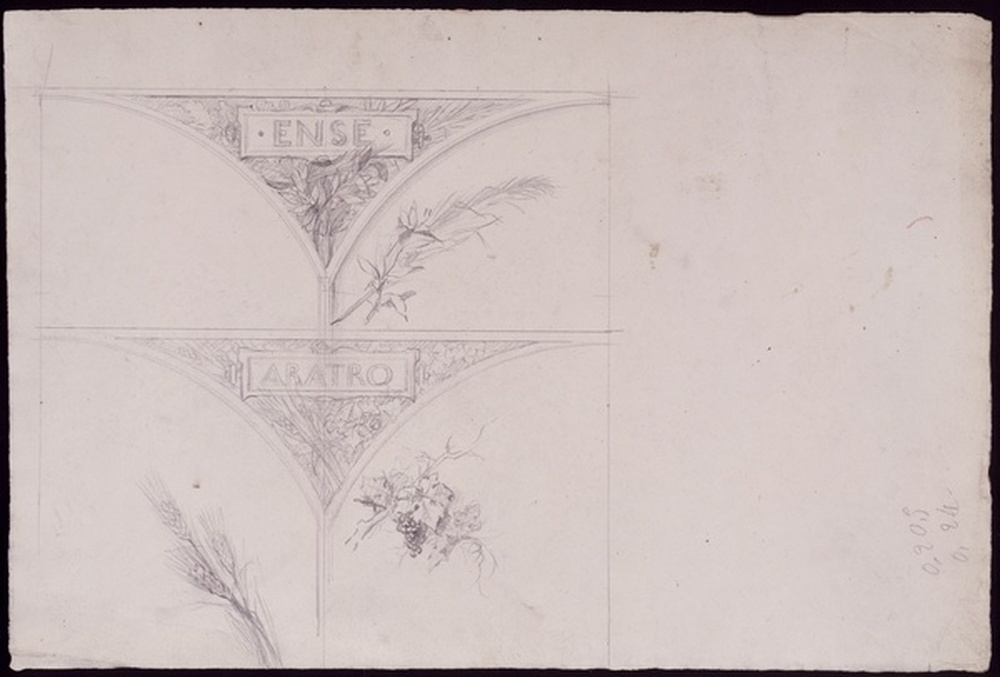 Deux études du triangle d'un arc ; étude de branchage ; chiffre ; verso : jeune garçon nu, debout, accoudé