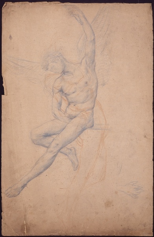 Homme ailé, assis, jambe gauche étendue, bras gauche levé ; figure debout, le buste en arrière ; main