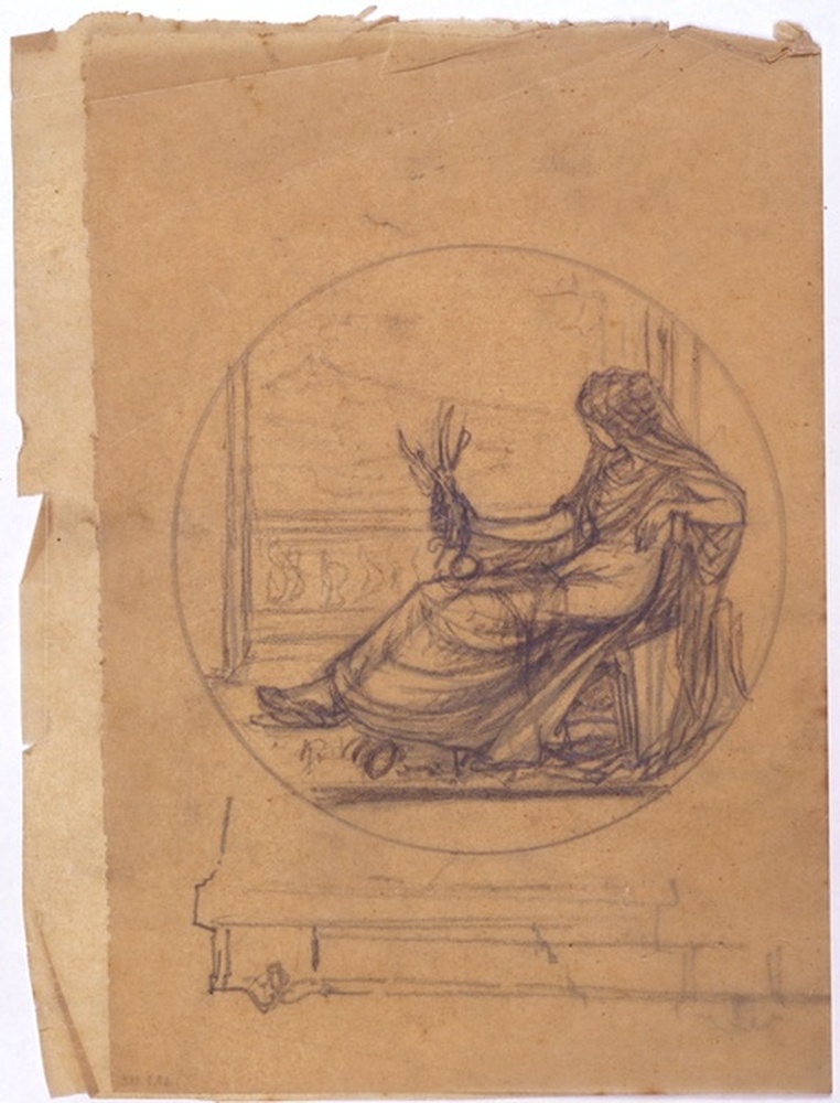 Femme assise tenant une statuette, dans un médaillon ; socle ; verso : femme assise tenant une statuette, dans un médaillon