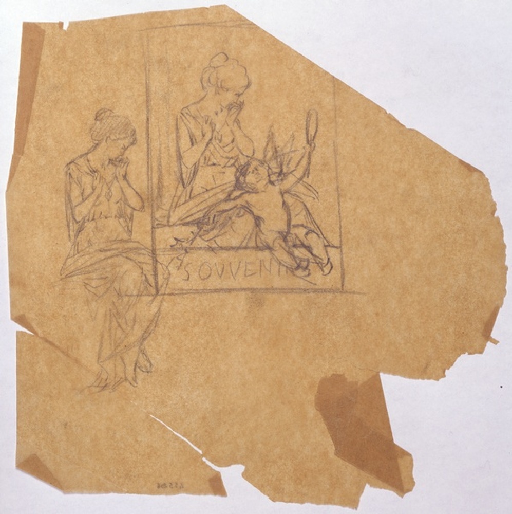 Femme assise, drapée et un angelot, dans un encadrement ; reprise de la femme