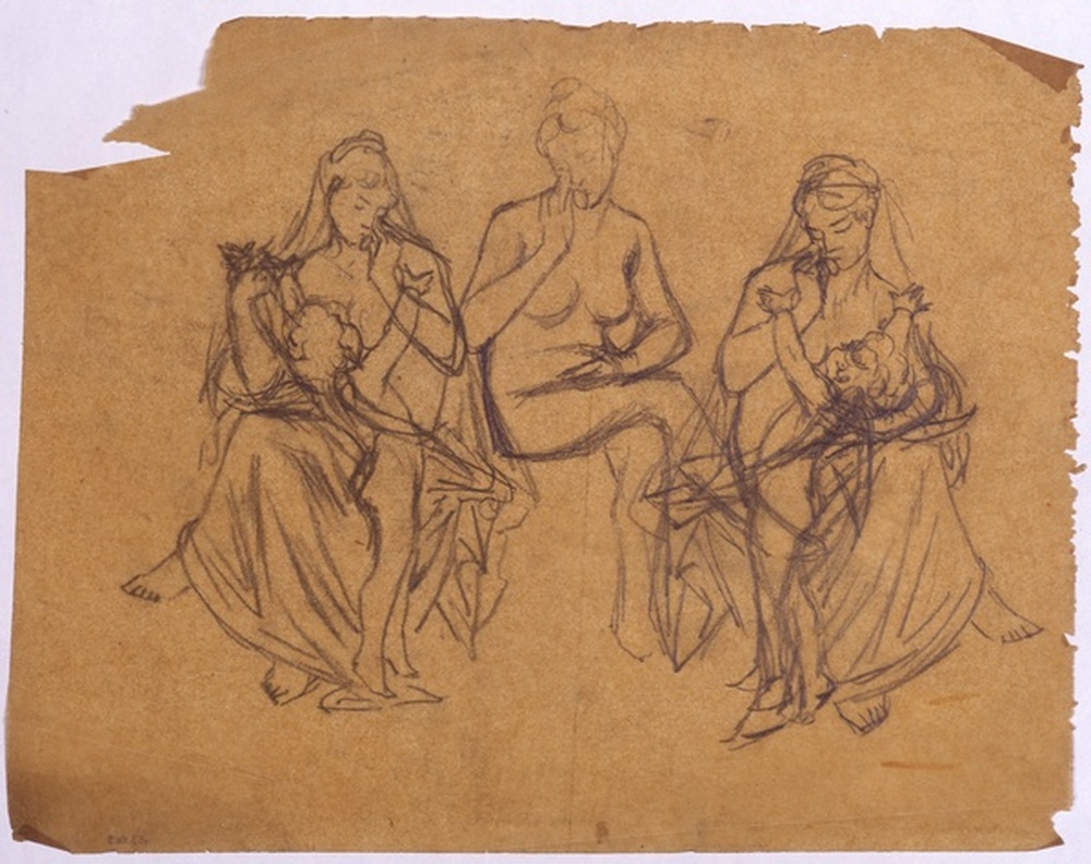 Femme nue assise ; femme à demi drapée, assise, un angelot à ses pieds ; verso : femme à demi drapée, assise, un angelot à ses pieds