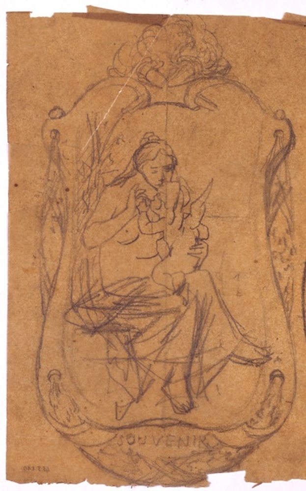 Deux études de femme assise, à demi drapée, embrassée par un angelot, dans des encadrements ; verso : femme assise, à demi drapée