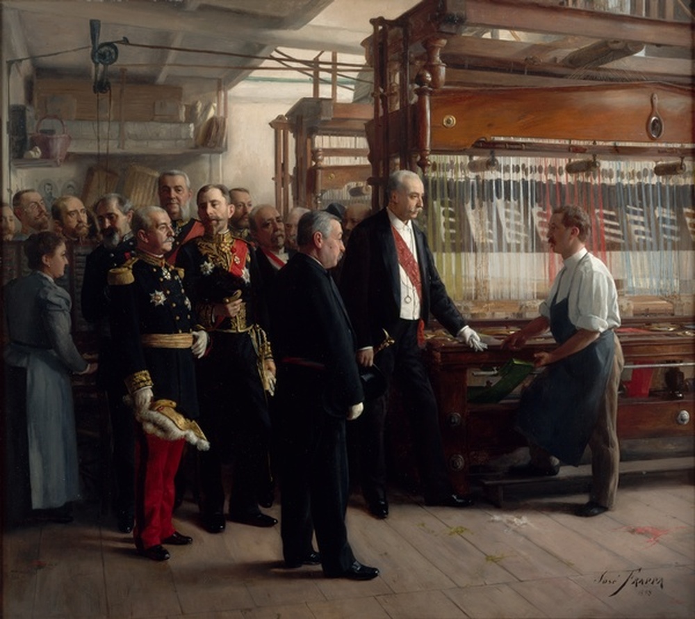 Le président de la République Française visitant l'atelier d'un ouvrier rubanier, Saint-Etienne le 30 mai 1898