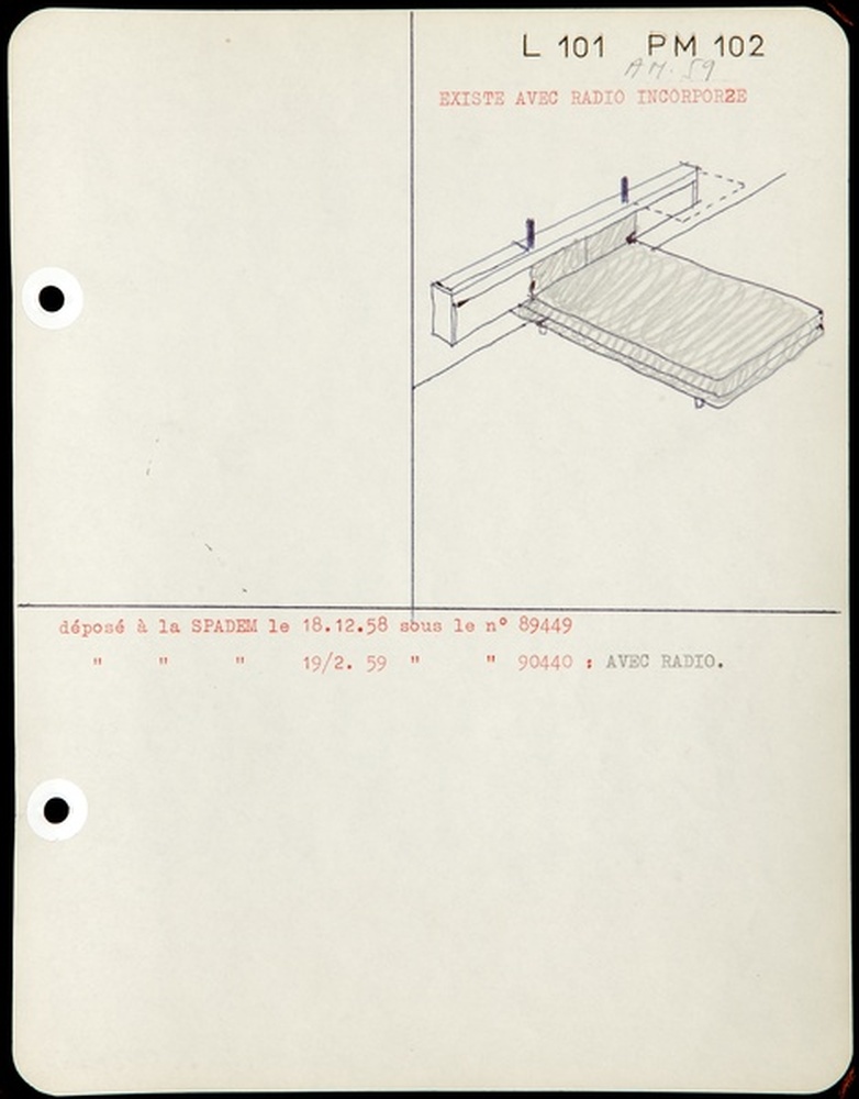 Lit L 101, panneau mural PM 102 chevets secrétaire, coiffeuse, coffres, pupitre, 1958