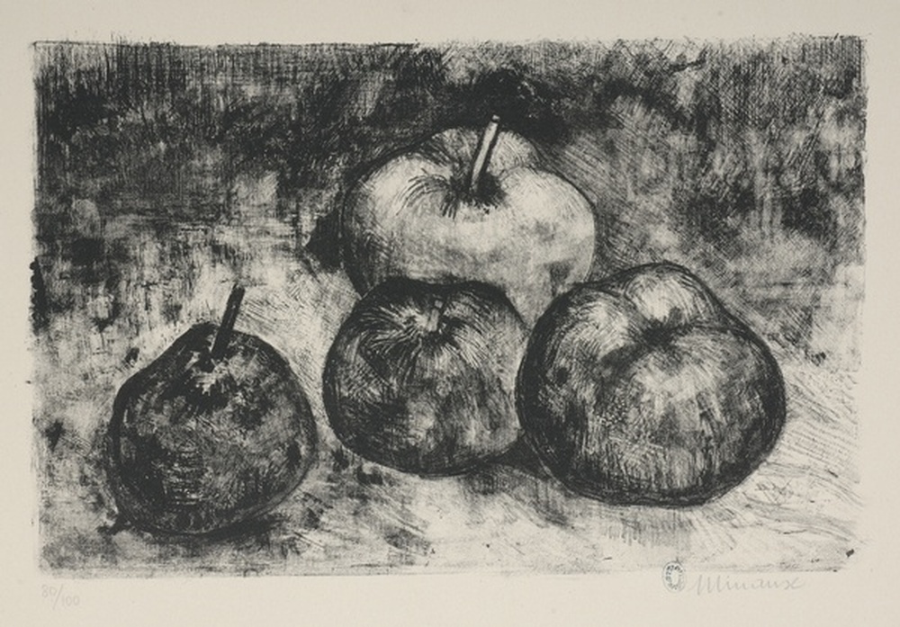 Nature morte : Trois pommes et une poire