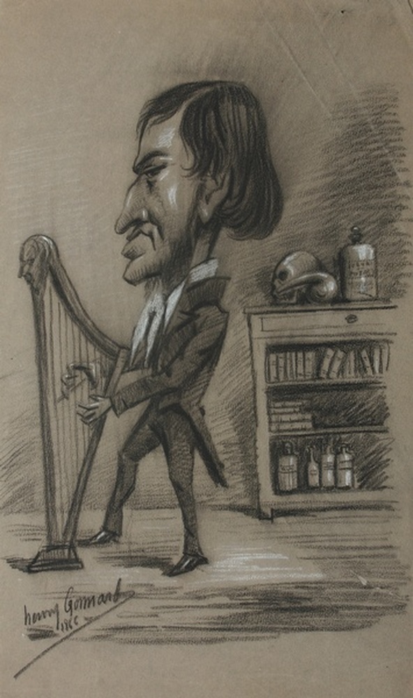 Caricature : musicien jouant de la harpe