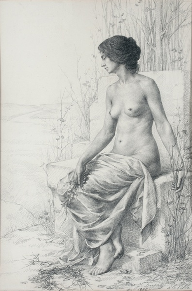 Femme aux jambres recouverte d'une draperie, assise, dans un paysage