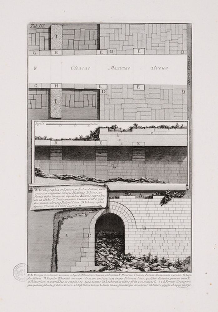 Plan, coupe et élévation de la Cloaca Maxima