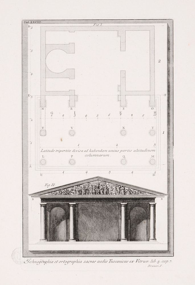 Plan et élévation d'un temple d'ordre dorique selon Vitruve