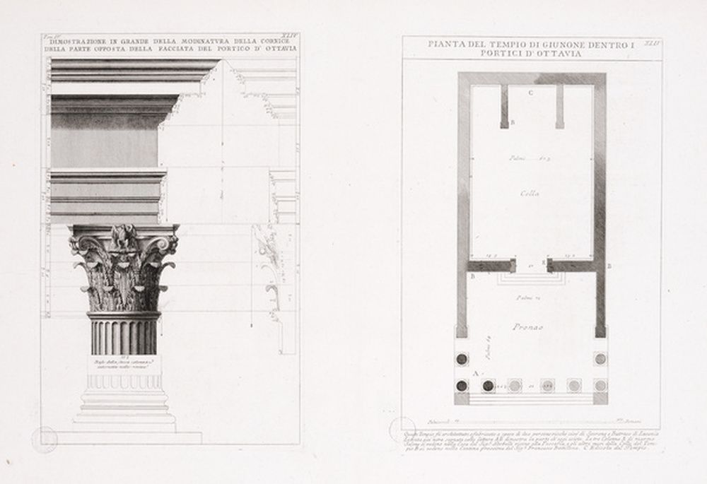 Détails de la corniche du portique d’Octavie ; Plan du temple de Junon