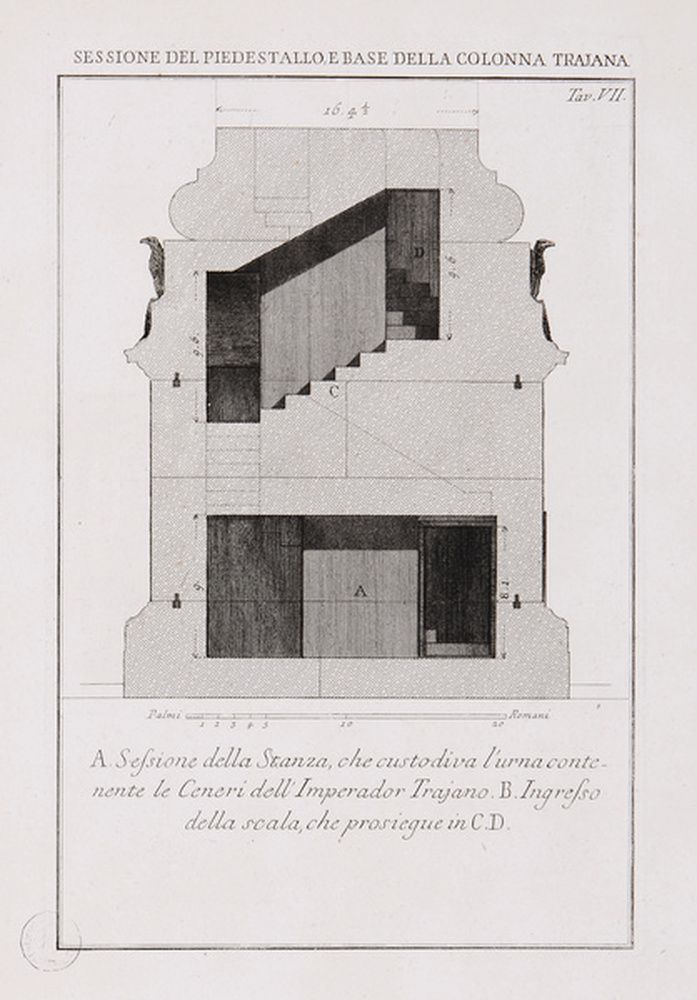 Détails architecturaux de la colonne Trajane ; Coupe du piédestal et de la base de la colonne Trajane