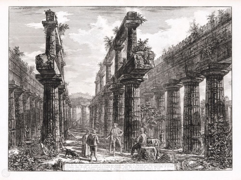 Vue des deux rangées de colonnes du temple de Neptune