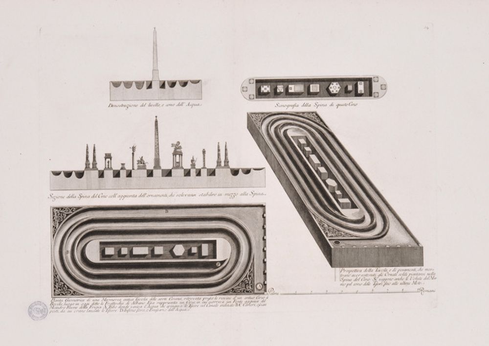 Plan, coupe et perspective du cirque Boville près d'Albano