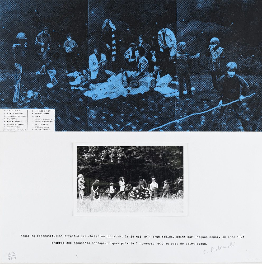 Essai de reconstitution effectué par Christian Boltanski le 24 mai 1971 d'un tableau peint par Jacques Monory en mars 1971 d'après des documents photographiques pris le 7 novembre 1970 au parc de saint-cloud